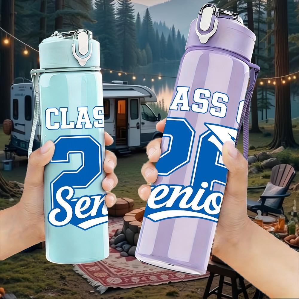 1PC Class Of 26 Senior Blue Letter Print 750ml Color Plastic Sports Water Bottle Leakproof Flip Straw Lid Suitable for Sports Office Home Use
