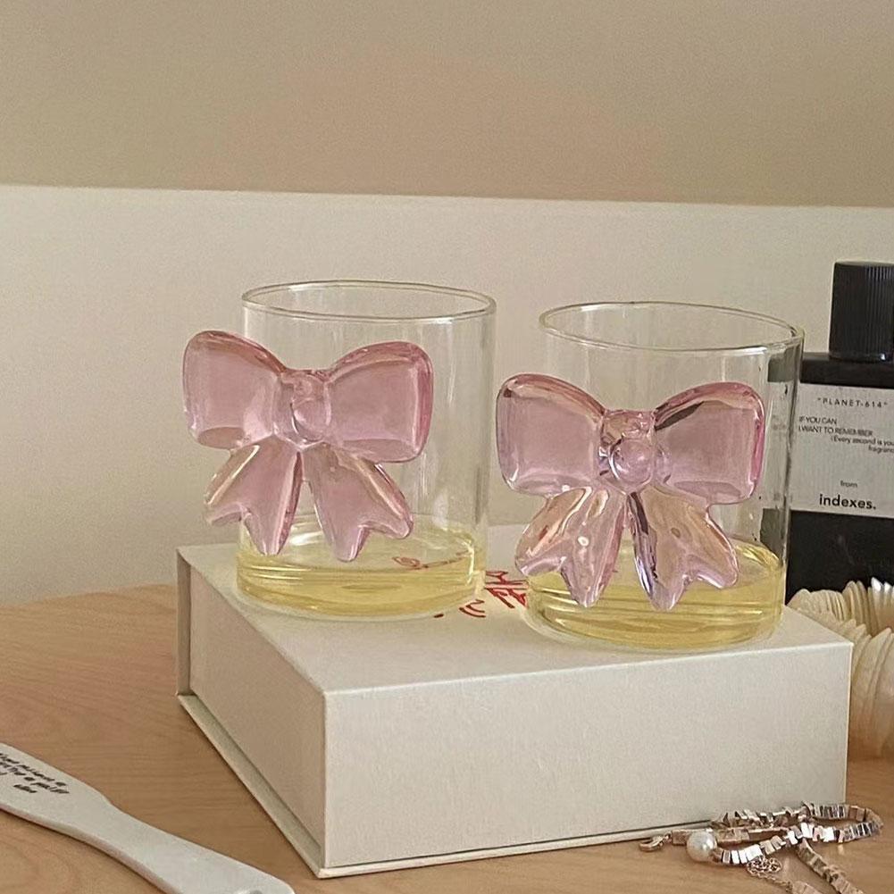 1 Piece Ceative Transparent Glass Cup with Pink Bow Lovely Girl Cute Mug Glass Decor For Bestie N9I3