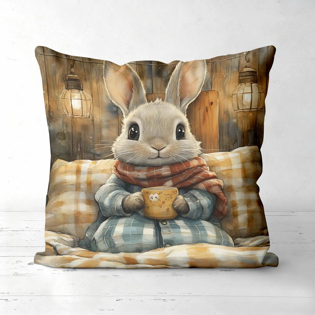 Vintage Rabbit Print Throw Pillow Covers Polyester Sofa Decorative Cushion Cov Headboard Pillow (Without Pillow Core