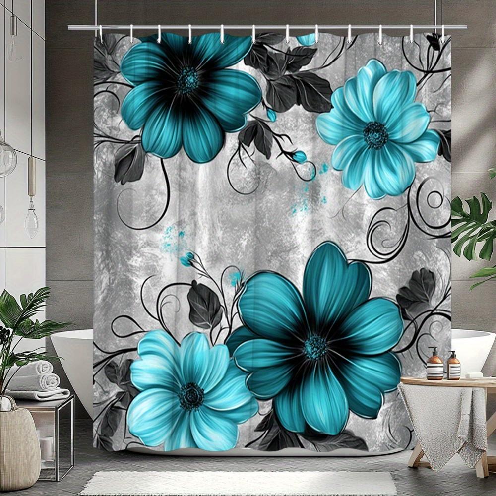 1 Blue Floral Shower Curtain - Turquoise flowers with black leaves on grey background, polyester fabric with hooks