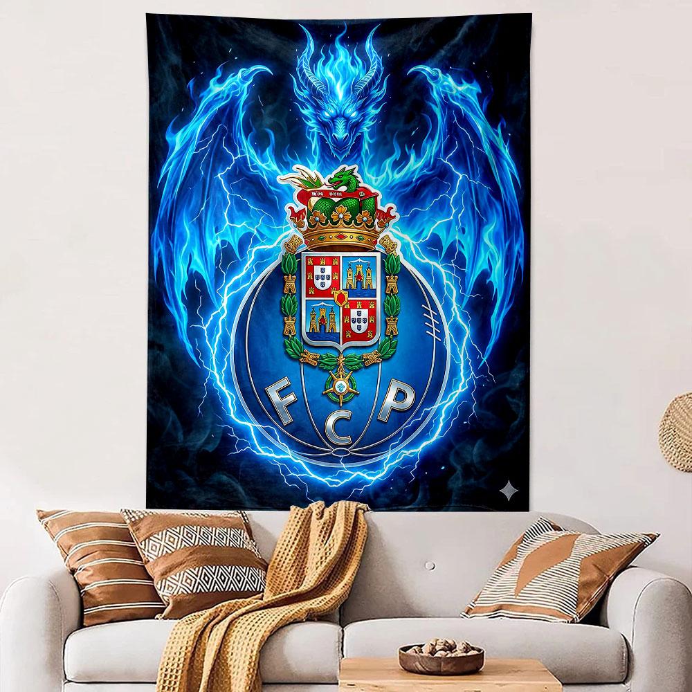 FC Porto Football Club Crest Wall Tapestry Blue Fire Dragon Lightning Emblem Fan Decor for Man Cave Bedroom Gift