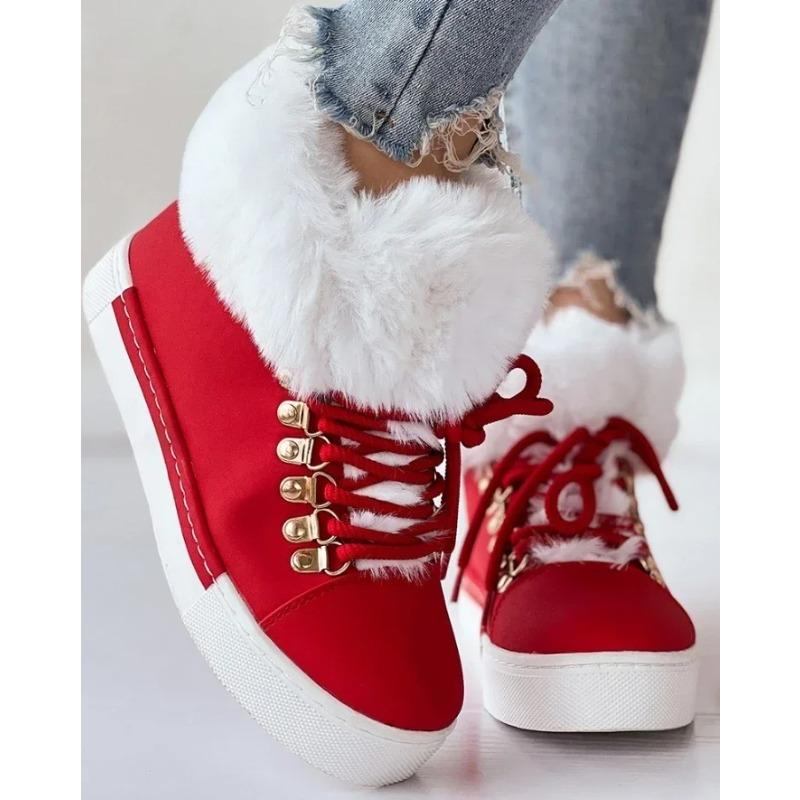 Women's Boots Christmas Fashion Lace-Up Fuzzy Lined Ankle Boots Casual Round Toe Flat Boots