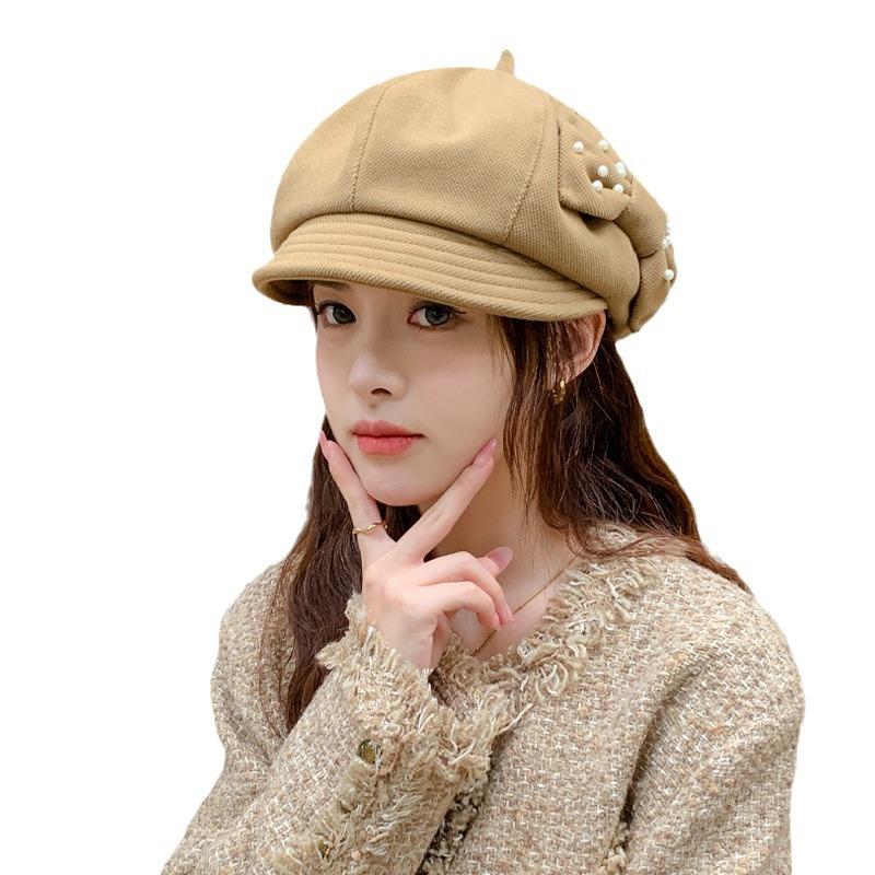 Hat Female Japanese Early Autumn Thin Octagonal Hat Versatile Pearl Bow Big Head Circumference Showing Face Small Newsboy Hat