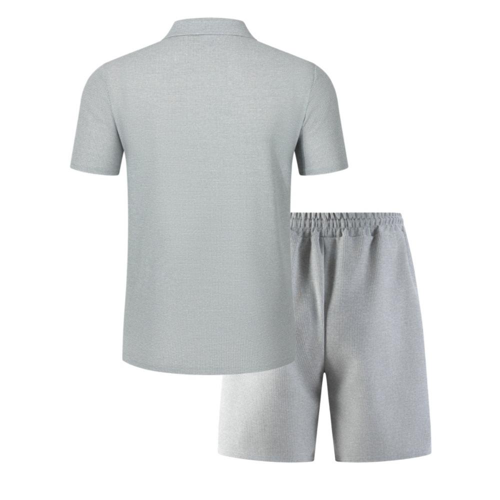 Conjunto Deportivo Casual para Hombre: Conjunto de Dos Piezas de Camiseta de Punto de Color Sólido con Cuello en V Profundo y Pantalones Cortos de Verano