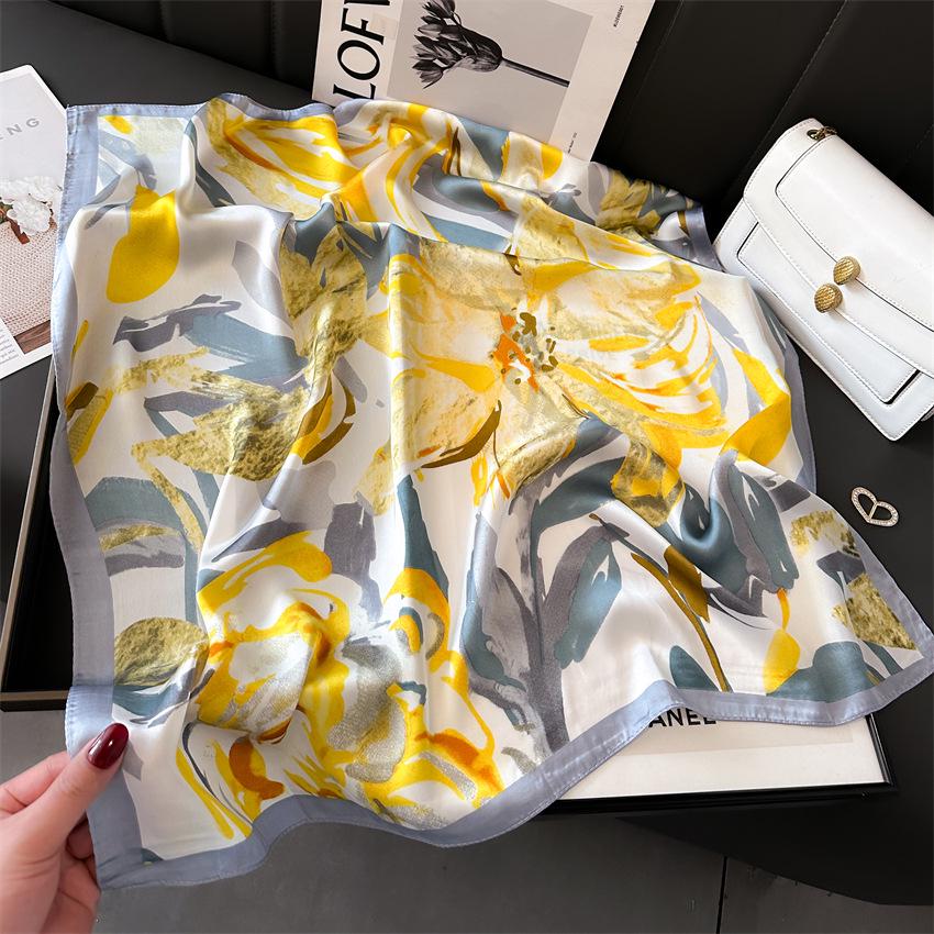Elegant Ginkgo Leaf Print Silk Square Scarf – Versatile Headscarf for Spring and Summer