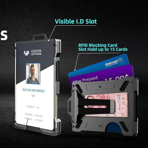 Wallets for Men Slim Aluminum Metal Money Clip 1 Clear Window ID Card Holder RFID Blocking Holds Up 15 Cards  Cash Clip Ultra-Thin Minimalist Wallet