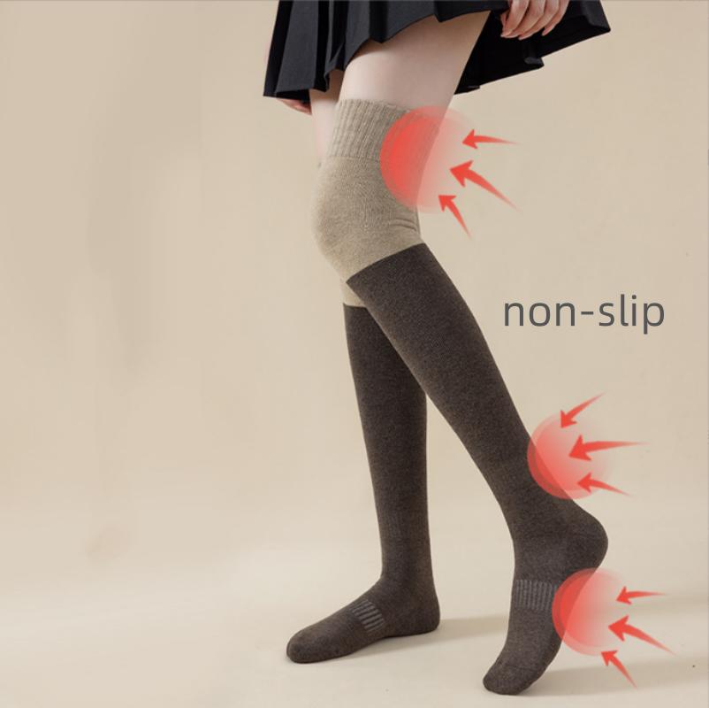 Chaussettes d'hiver tricotées pour femmes, chaussettes au-dessus du genou, antidérapantes, hautes, épissées ensemble, chaussettes chaudes pour femmes, bas de printemps pour femmes