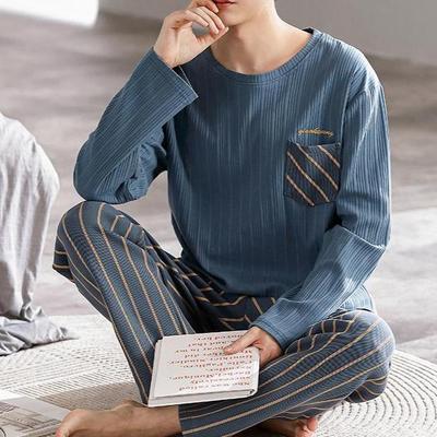 Luksuslikud mereväe meeste magamisriided sügistalv uus puuvillane meeste pidžaama pikkade varrukatega koduriided härrasmees L-4XL suur minimalistlik pidžaama