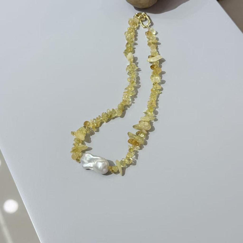 Baroque Pearl & Natural Citrine Necklace – Mori Style Irregular Stone Pendant Collarbone Chain for Women
