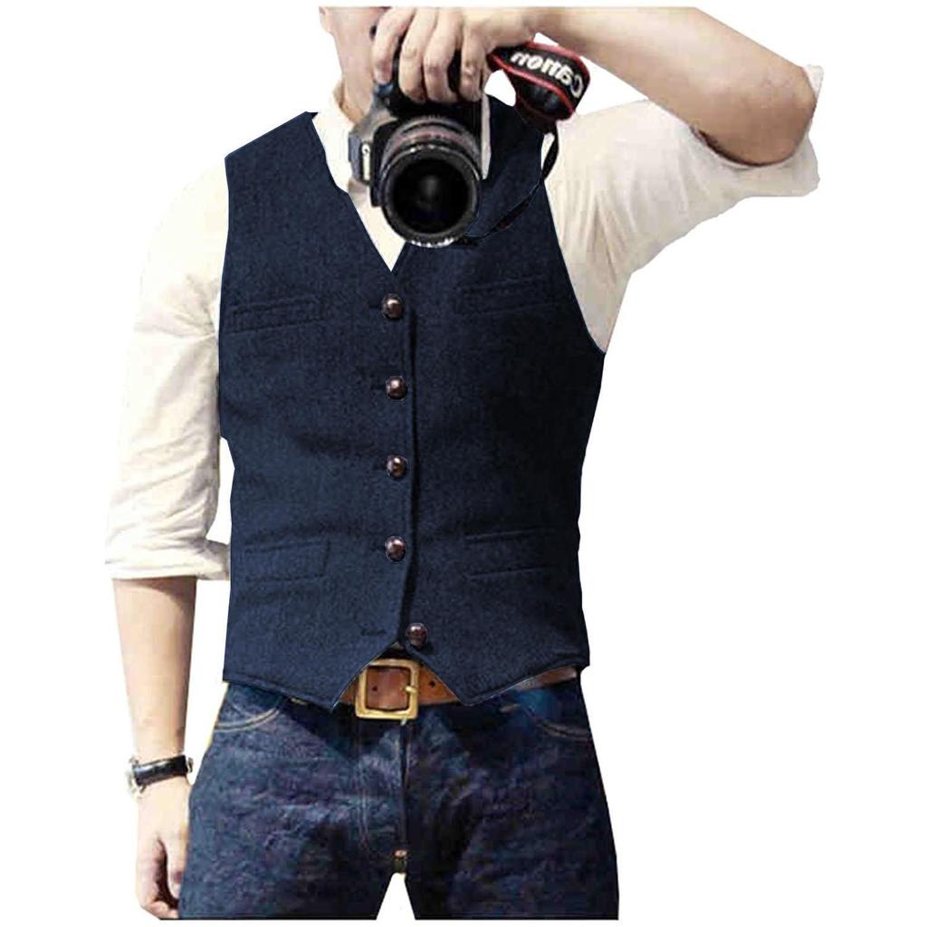V Neck Men's Suits Vest Casual Classic Formal Business Herringbone Tweed Slim Fit Waistcoat For Wedding Groomsmen