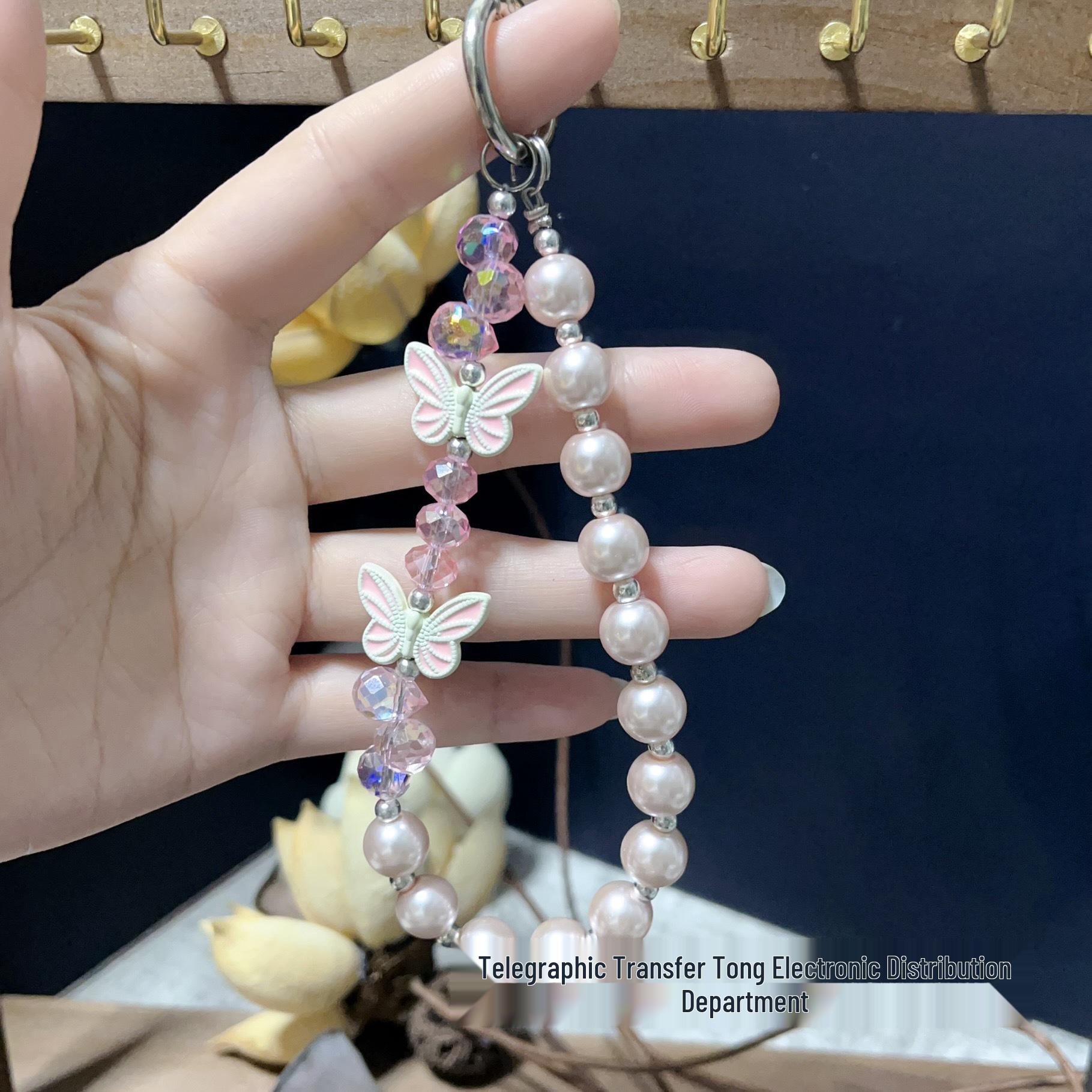 Spring Alloy Butterfly Wristlet: Sparkling Diamond Pearl Crystal Mobile Phone Chain