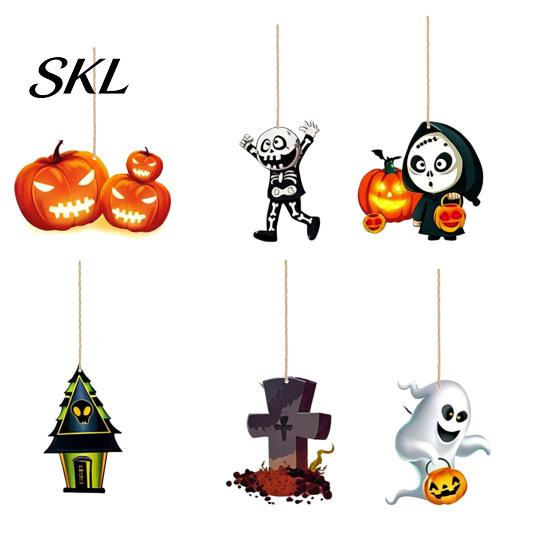 Spooky Party Decorations 6Pcs Halloween Wooden Hanging Decoration, Ghost Pumpkin Eyeball Themed Decoration Ornament with Rope, Holiday Decor Wall