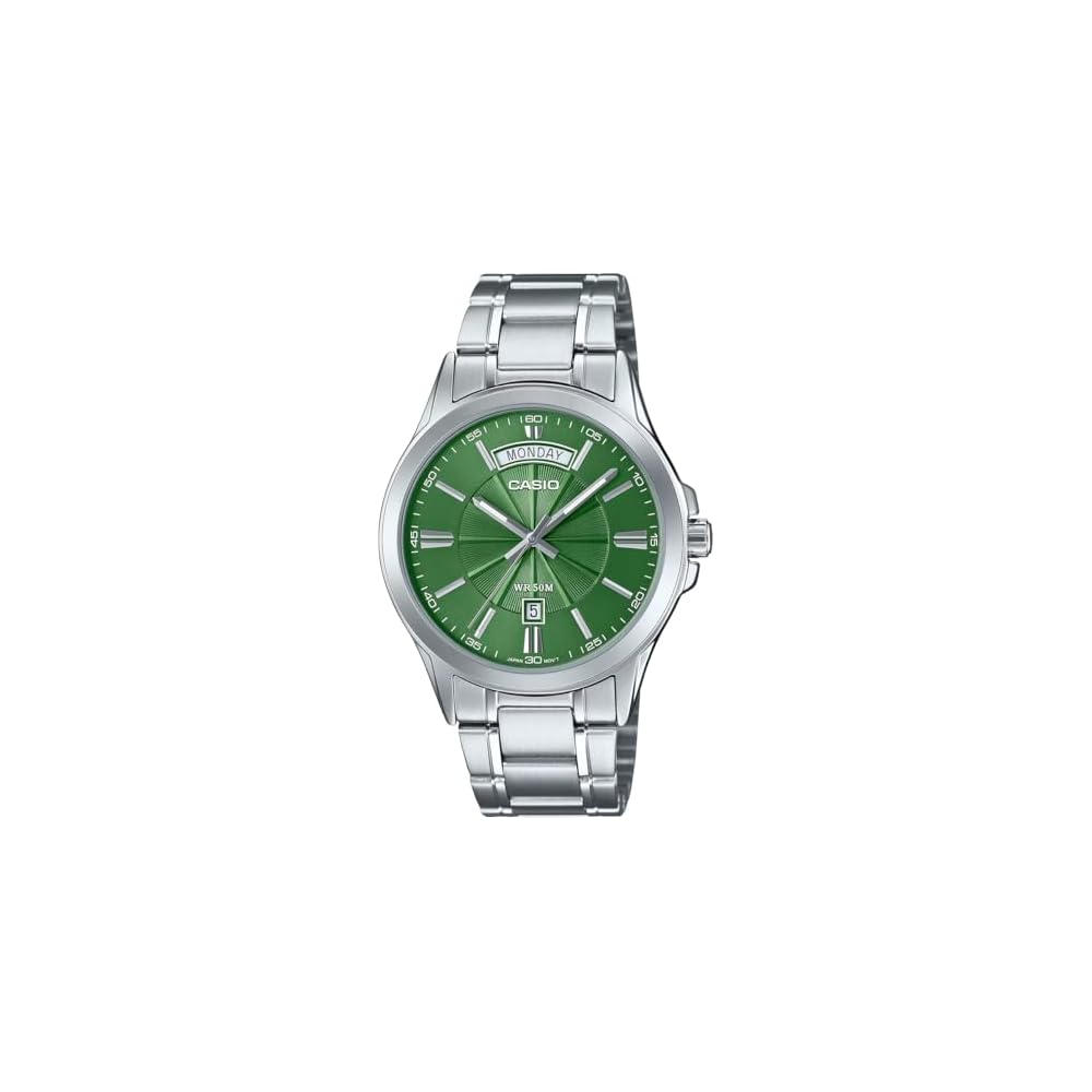 Casio MTP-1381D-3AV Analog Quartz Men s Watch Silver Metal Band Green Color