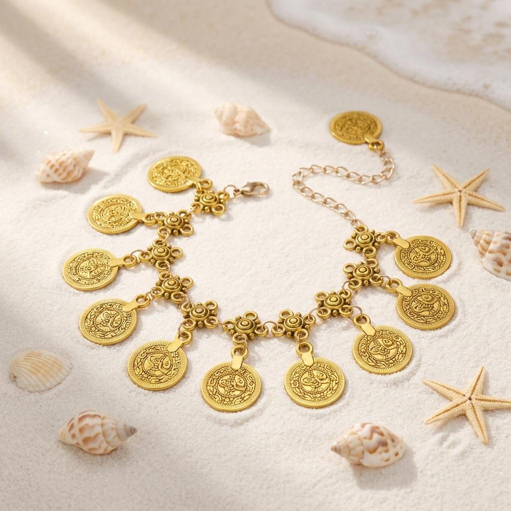 Vintage Coin Pendants Anklets for Women Bohemian Ethnic Metal Retro Coin Foot Chain Summer Beach Vacation Jewelry Accessories
