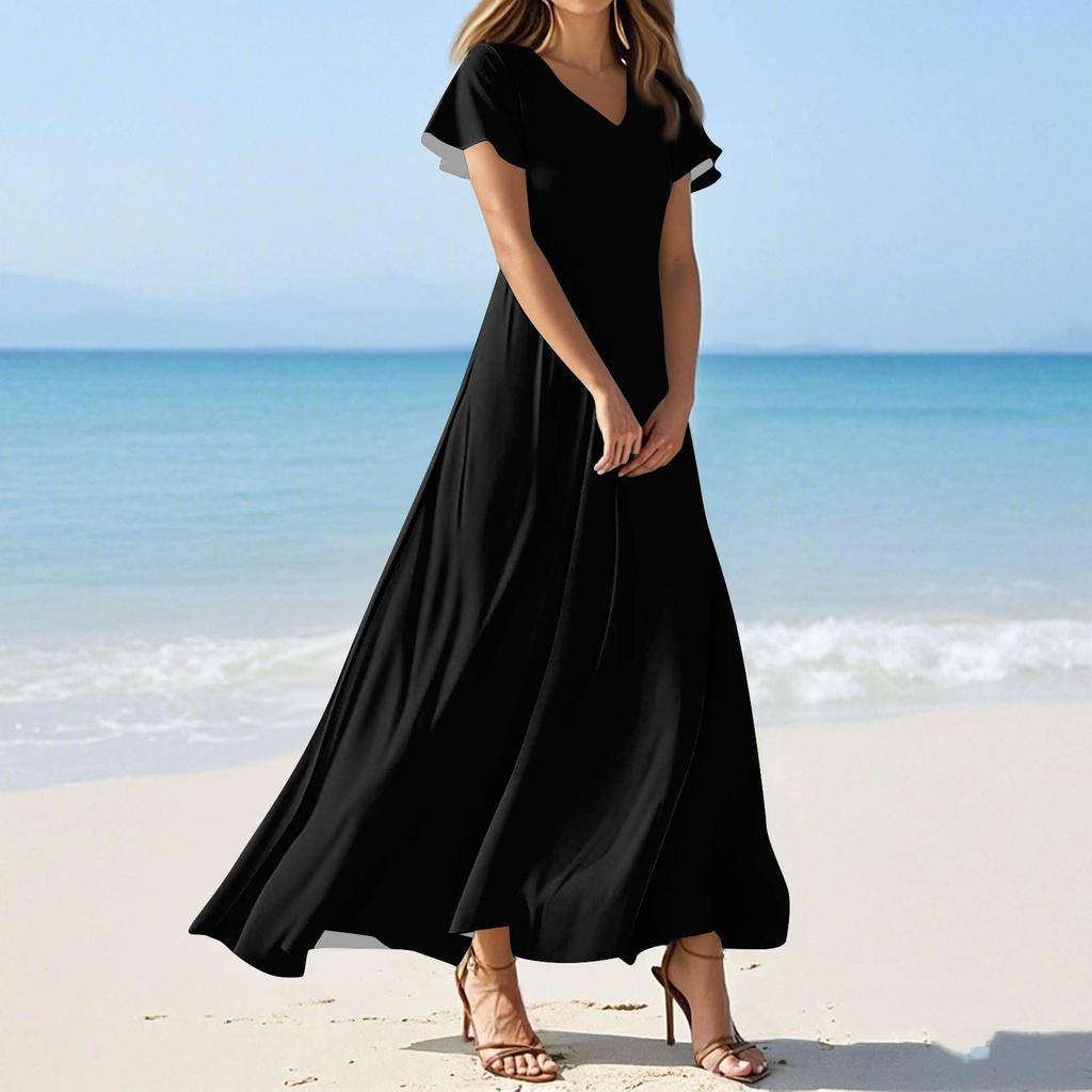 Women's Summer Casual Fashion Solid Color Dresses V-Neck Short Sleeve Dresses
