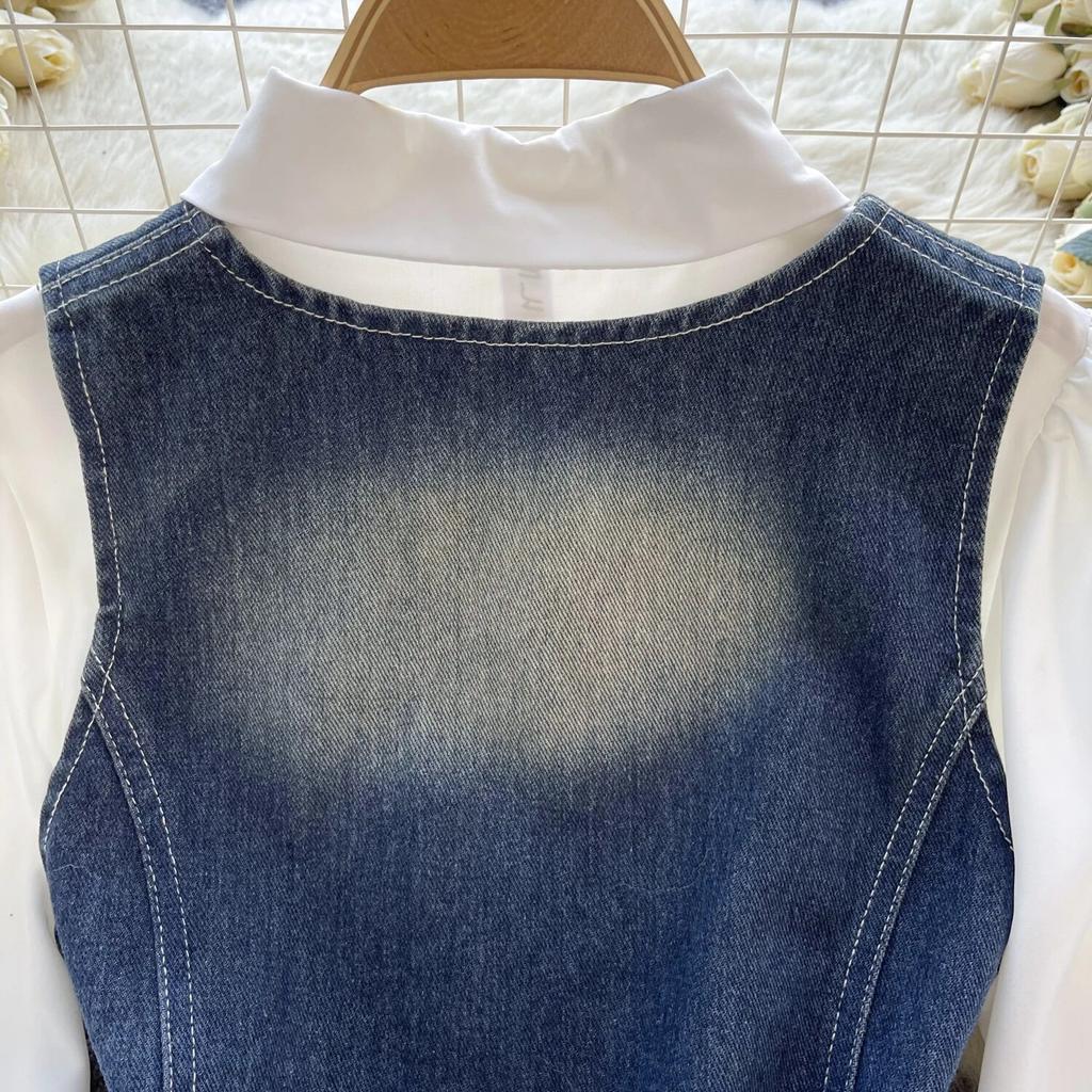 Colete Jeans Retro Chic de Hong Kong Colete Moda Empilhada Versátil Camisas de Manga Curta Bufante Conjunto de Duas Peças Top