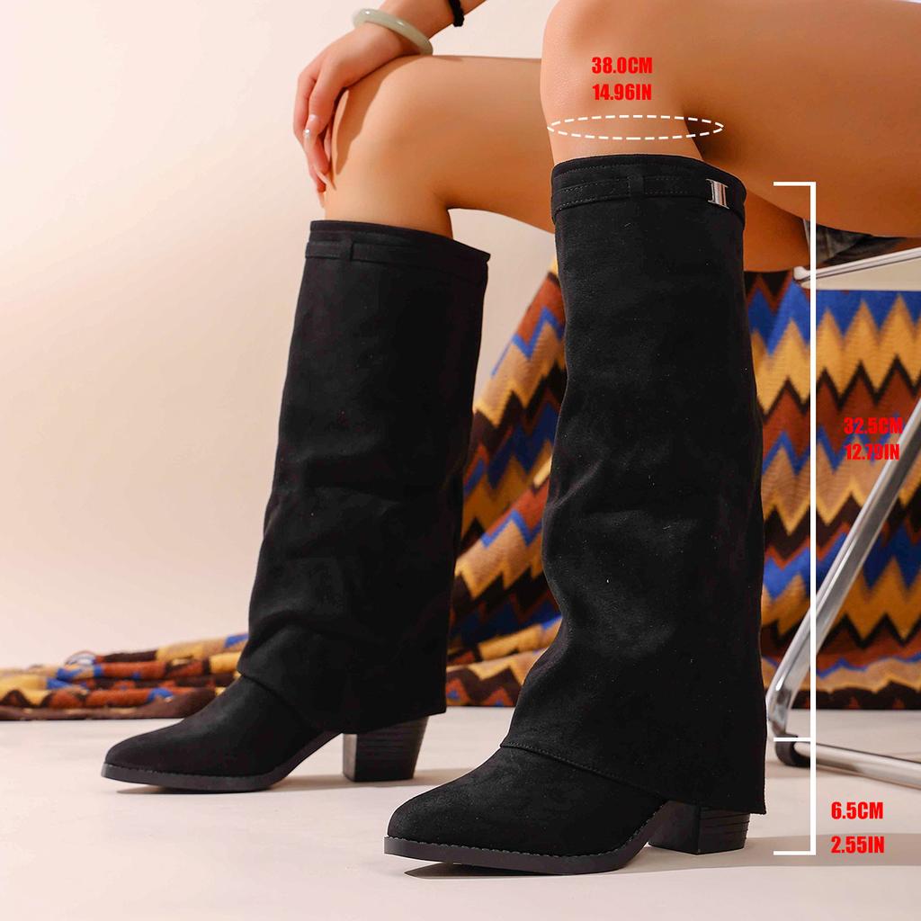 Foreign Trade Large Size Pointed European and American Tall New Boots 2025 Autumn and Winter Fold Thick Heel Sleeve High Heel Fashion Boots