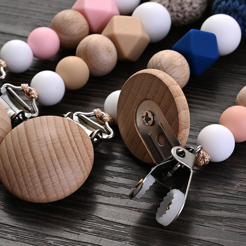 Nursing Chew Toy Baby Dummy Holder Chain BPA Free New Baby Wooden Pacifier Clip Wood Crochet Rabbit Teething Soother Chain