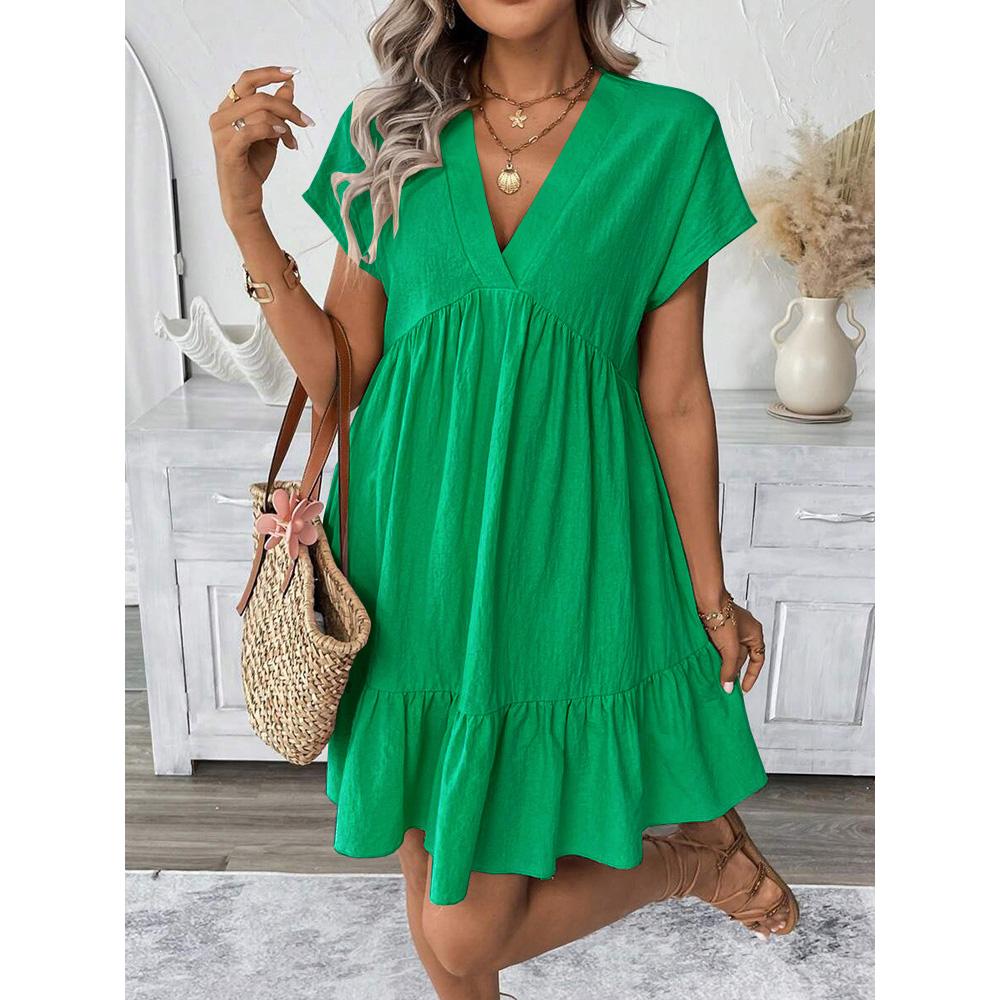 Summer Womens Short Sleeve Cotton Linen Mini Dress Ladies Pleated Ruffle Solid Dresses Casual V Neck Vintage Loose Vestidos