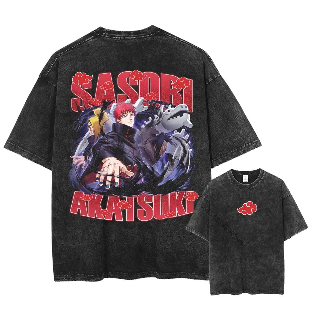 Harajuku Streetwear Washed TShirt Japanese Anime Naruto Tshirt Double Sided Cotton Tees Tops Men Short Sleeve Vintage Tshirt