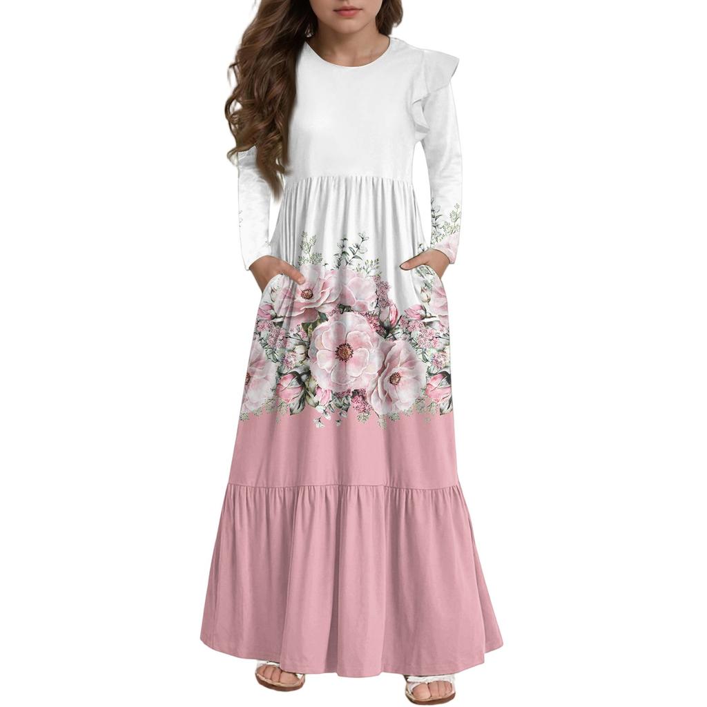 Girls' Tiered Ruffle Dress - Long Sleeve Printed Maxi With Pockets