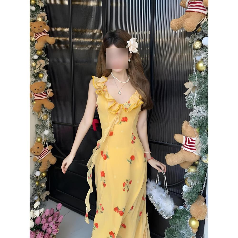 

Yellow ruffle leaf edge v-neck floral dress women s summer seaside vacation skirt waist thin fishtail dress XL- (recommended 110-60kg) жёлтый