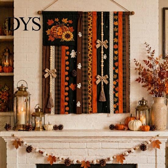 Seasonal Festival Gift Halloween Rag Banner, Orange Black Skull Ghost Pumpkin Hanging Decoration, Rustic Theme Banner Fabric Stripe for Front