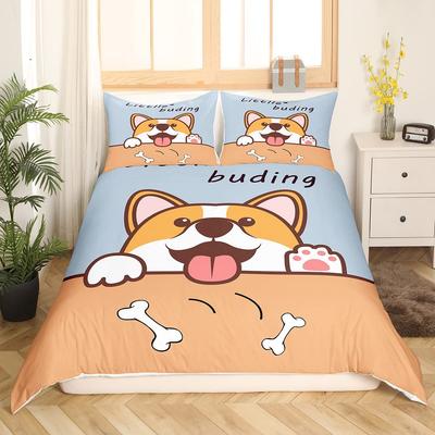 Cartoon Shiba Inu King Queen Bettwäsche-Set Gelber Haustier-Welpen-Bettbezug Kirschblütenbaum-Bettbezug Polyester-Bettbezug