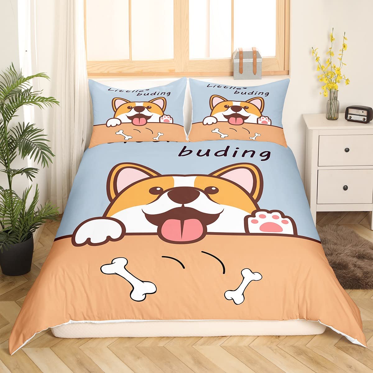 Binchi Fitness Unisex Yellow Cartoon Shiba Inu King Queen Bedding Set Pet Puppy Duvet Cover Cherry Blossoms Tree Quilt Cover Polyester Comforter Cover