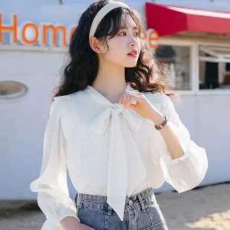 

Темпераментная блузка с бантом Модная Не мнущаяся Универсальная С длинным рукавом Роскошный женский топ L белый