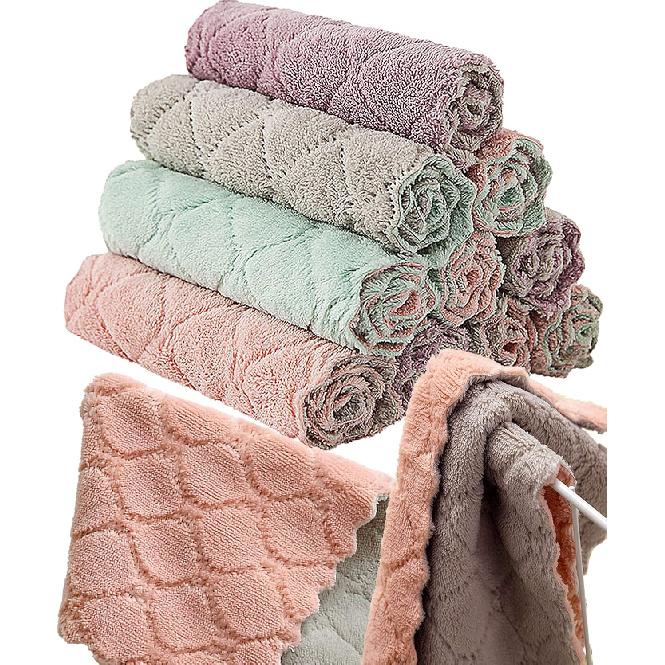 12 Pack Kitchen Towels Quick Dry Washcloths, Coral Velvet Dishtowels Multipurpose Reusable Cloths, Soft Tea Absorbent Cleaning Cloths Double-Sided