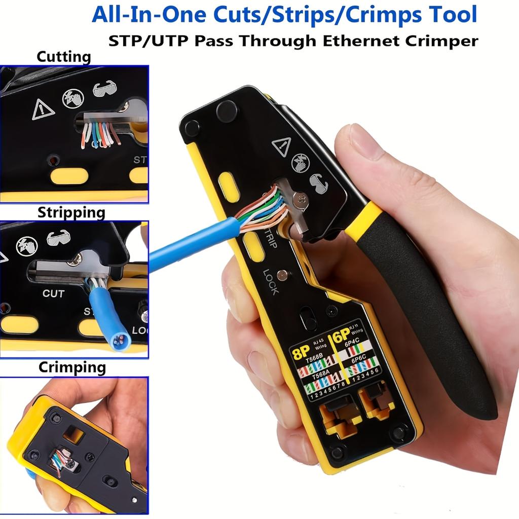 8P6P Multi-Function Dual-Use Network Cable Crimper, CAT6 Pass Through Ez Crimping Tool, Cat5e Cat6 Rj45 Rj11 LAN Phone Crimp Pliers