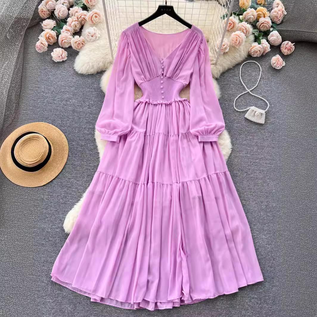 

Винтажное шифоновое длинное платье Женское элегантное повседневное платье с V-образным вырезом и длинными рукавами Французское плиссированное тонкое длинное платье А-силуэта Vestidos One Size фиолетовый