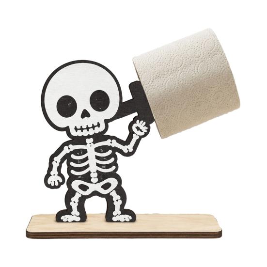 Black Cat Holiday Gift 2Pcs Halloween Paper Towel Holder, Cartoon Animal Tabletop Roll Dispenser, Wooden Funny Skeleton Decor Tissue Stand for Kitchen