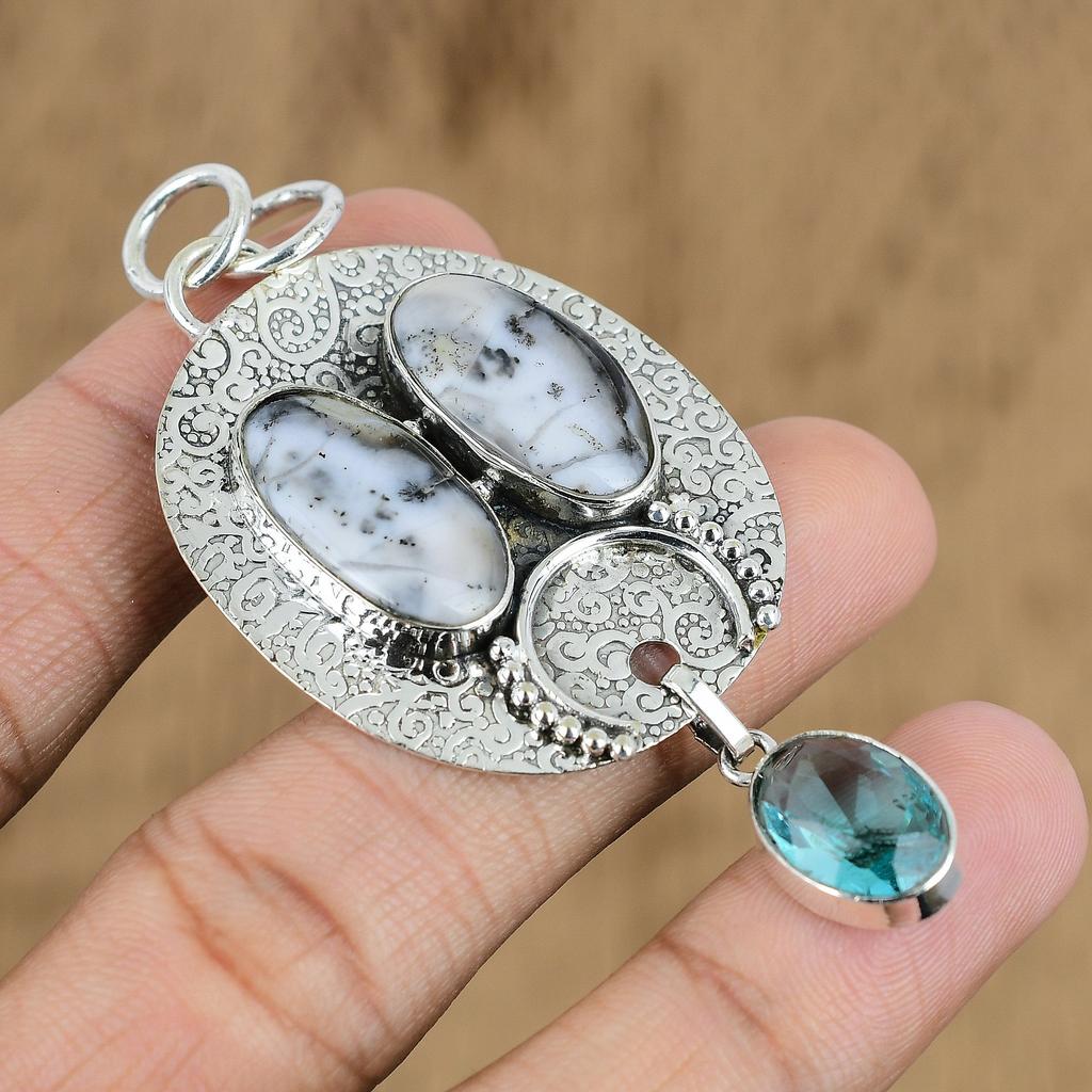 Natural Dendrite Opal Gemstone Pendant White 925 Sterling Silver Indian Jewelry