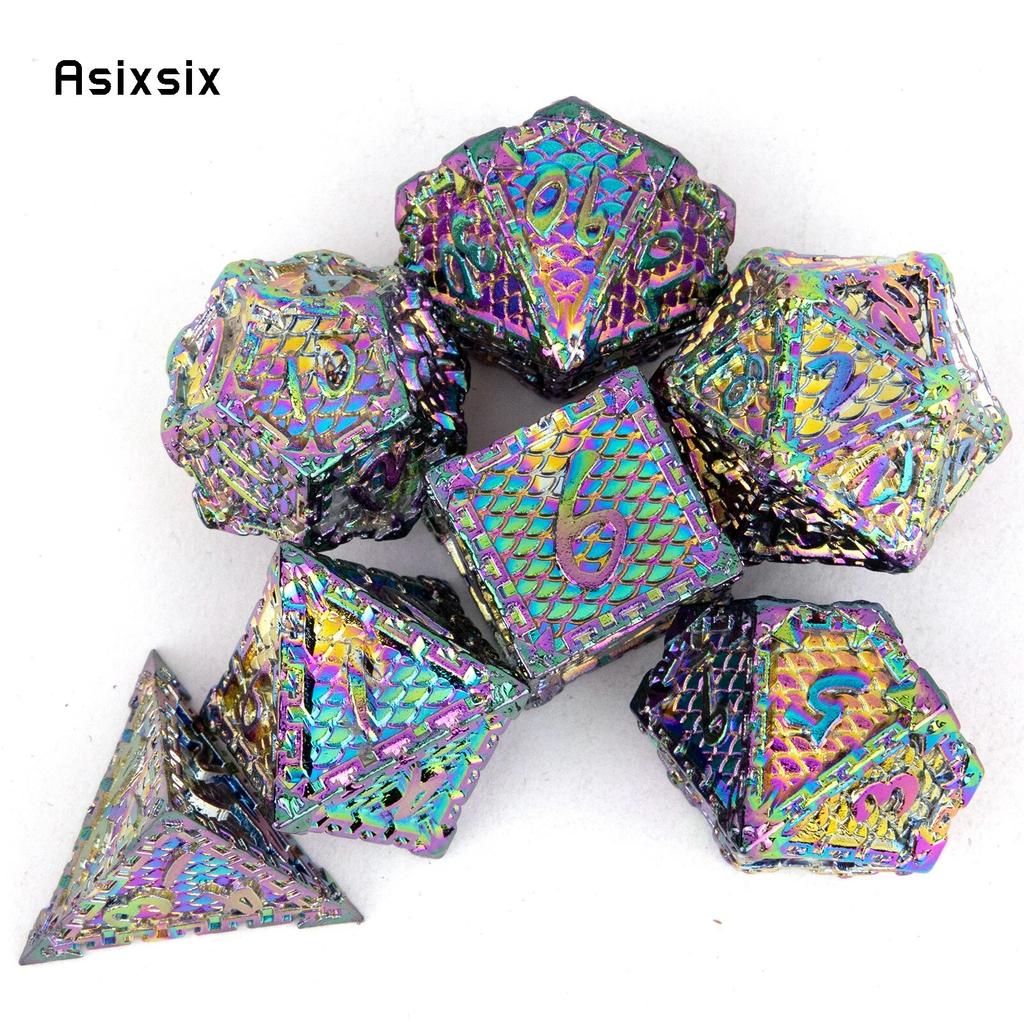 7 Pcs Colorful Fish Scale Metal Dice Solid Metal Polyhedral Dice Set Suitable for Role-Playing RPG  Board Game Card Game
