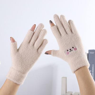 Cute Two-finger Exposed Women Winter Cashmere Playing Phone Men Smiling Face Gloves Knitted Gloves Cartoon Fingerless Gloves