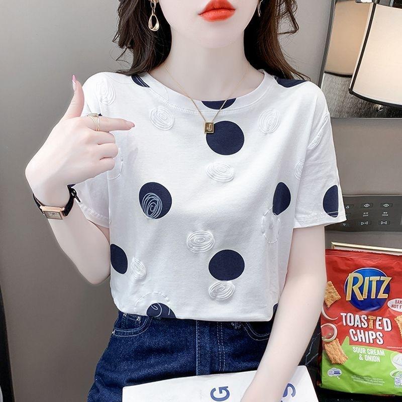 YYFS Women's Fashion Casual Summer Spring Polka Dot Print Short Sleeve O-Neck Blouses & Shirts