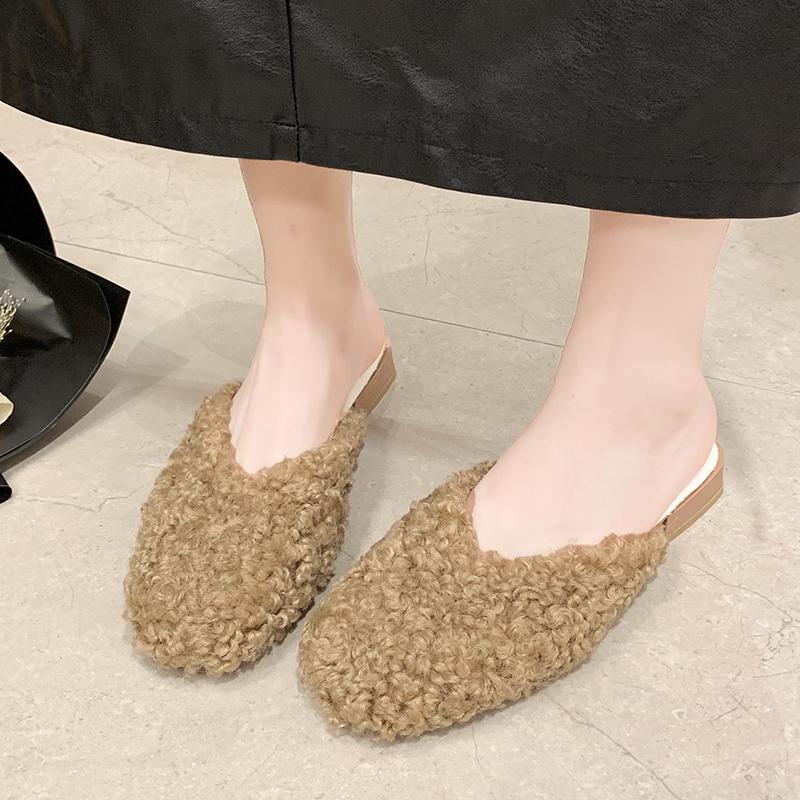 Aphixta 2.5cm Square Heel Warm Winter Furry Slide Kid Suede Women Slippers Women Shoes Round Toe Low Heel Slip On Hair Slides
