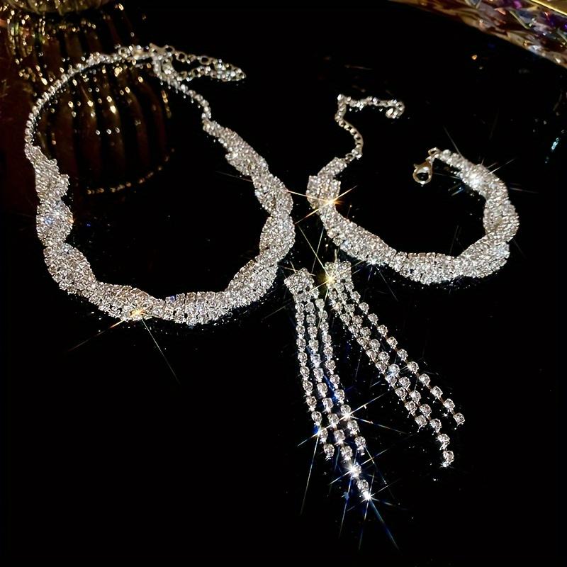 4Pcs French copper rhinestone jewelry set, necklace earrings bracelet, ideal for parties & banquets