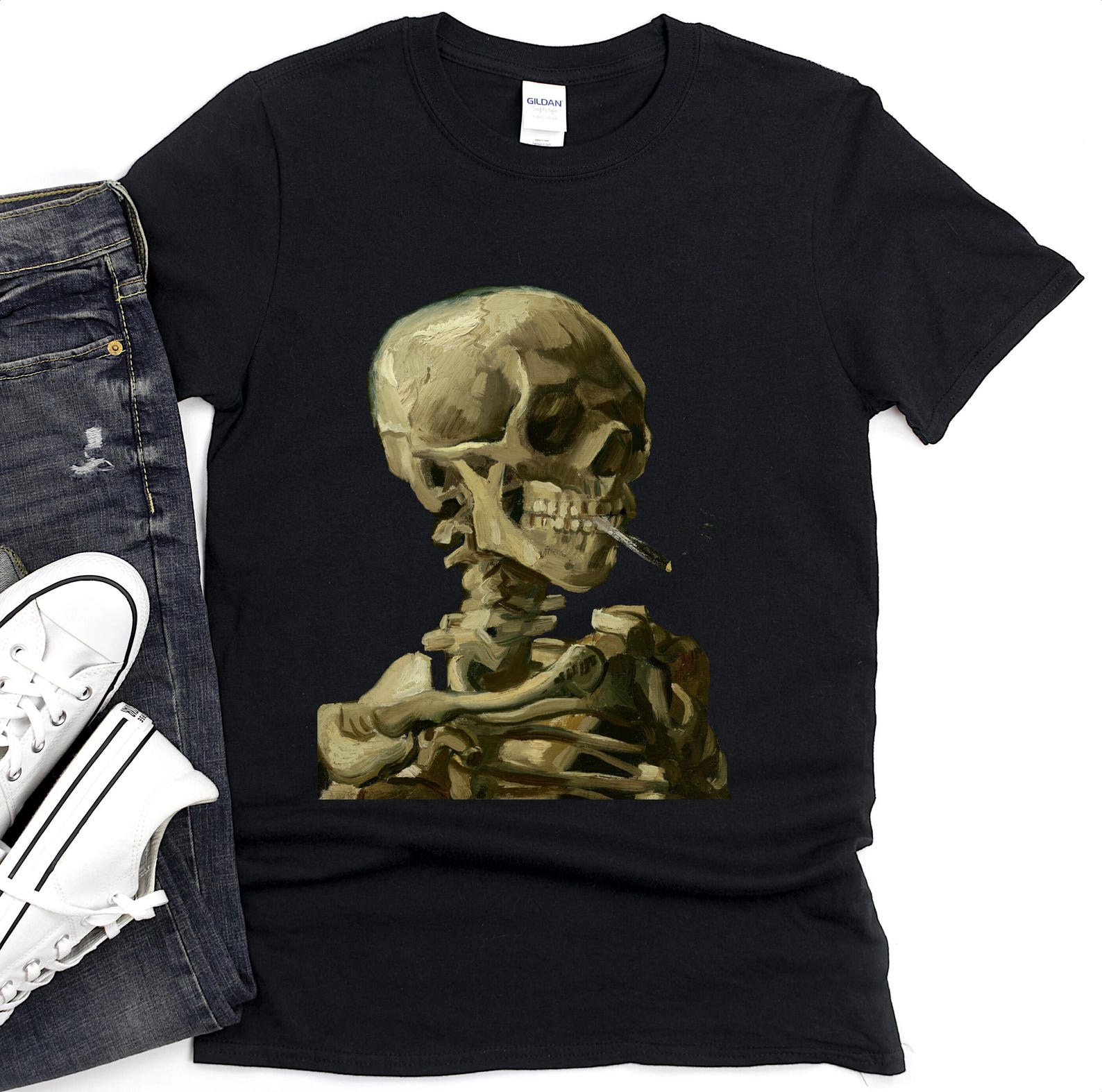 Van Gogh Skeleton Shirt | Skull of a Skeleton with Burning Cigarette Painting 2XL