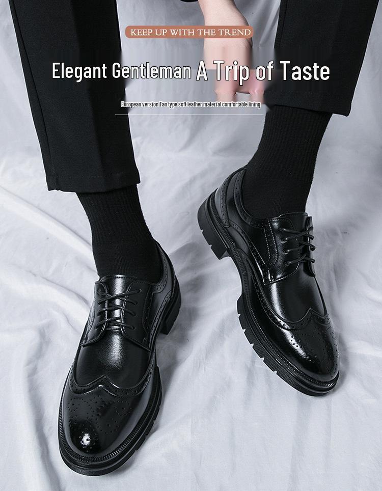 Men's Large Size Casual Brogue Leather Shoes, Pointed Toe, Height Increasing, Size 46