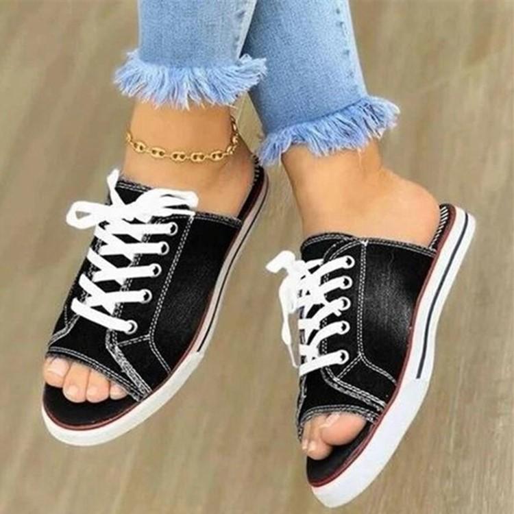 

Spring and summer new fish mouth denim lace-up casual flat bottom women s cool slippers large size canvas cool slippers 35 чёрный