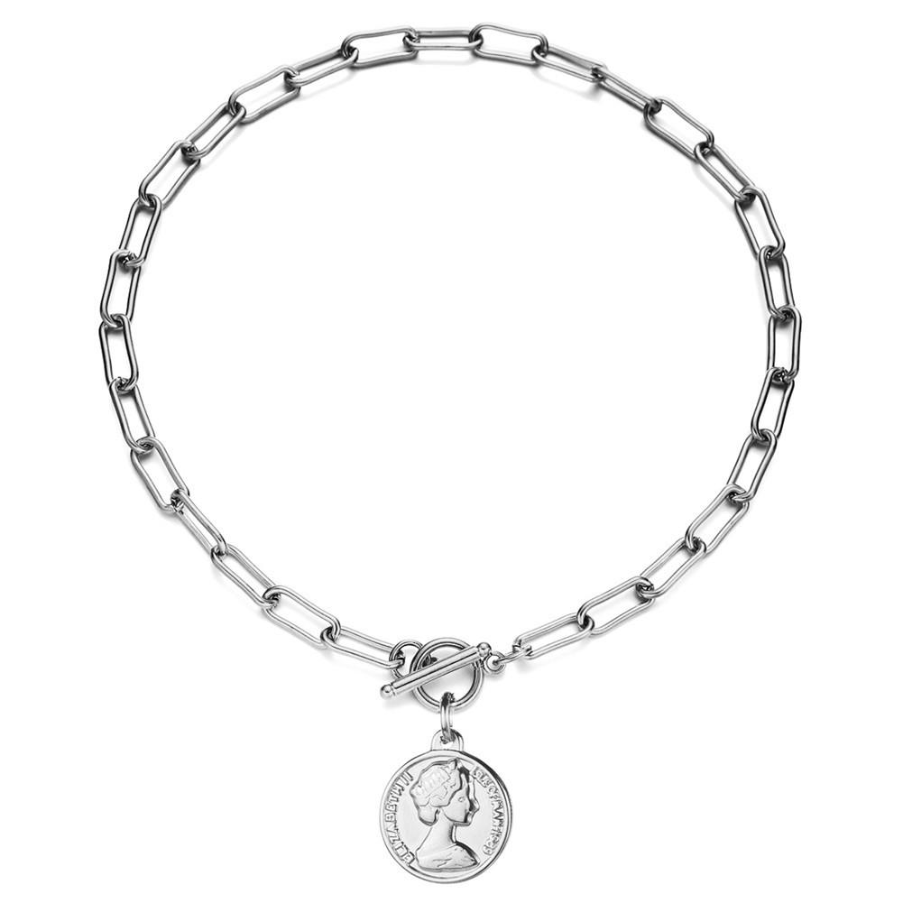 Minimalist Stainless Steel Paperclip Necklace with Round Lady Liberty Pendant & OT Clasp Choker