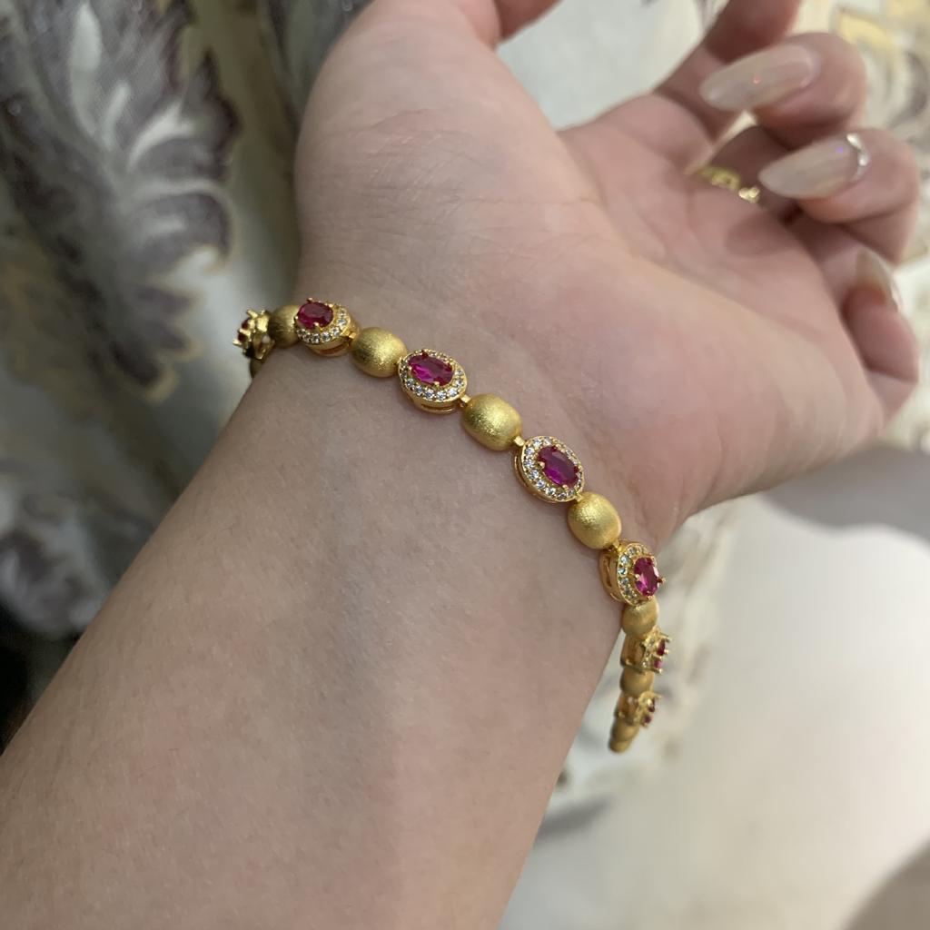 Handmade Brushed Egg Surface Full Diamond Bracelet Women'S Design Sense Light Luxury Red Corundum Oval Bracelet Bracelet Jewelry