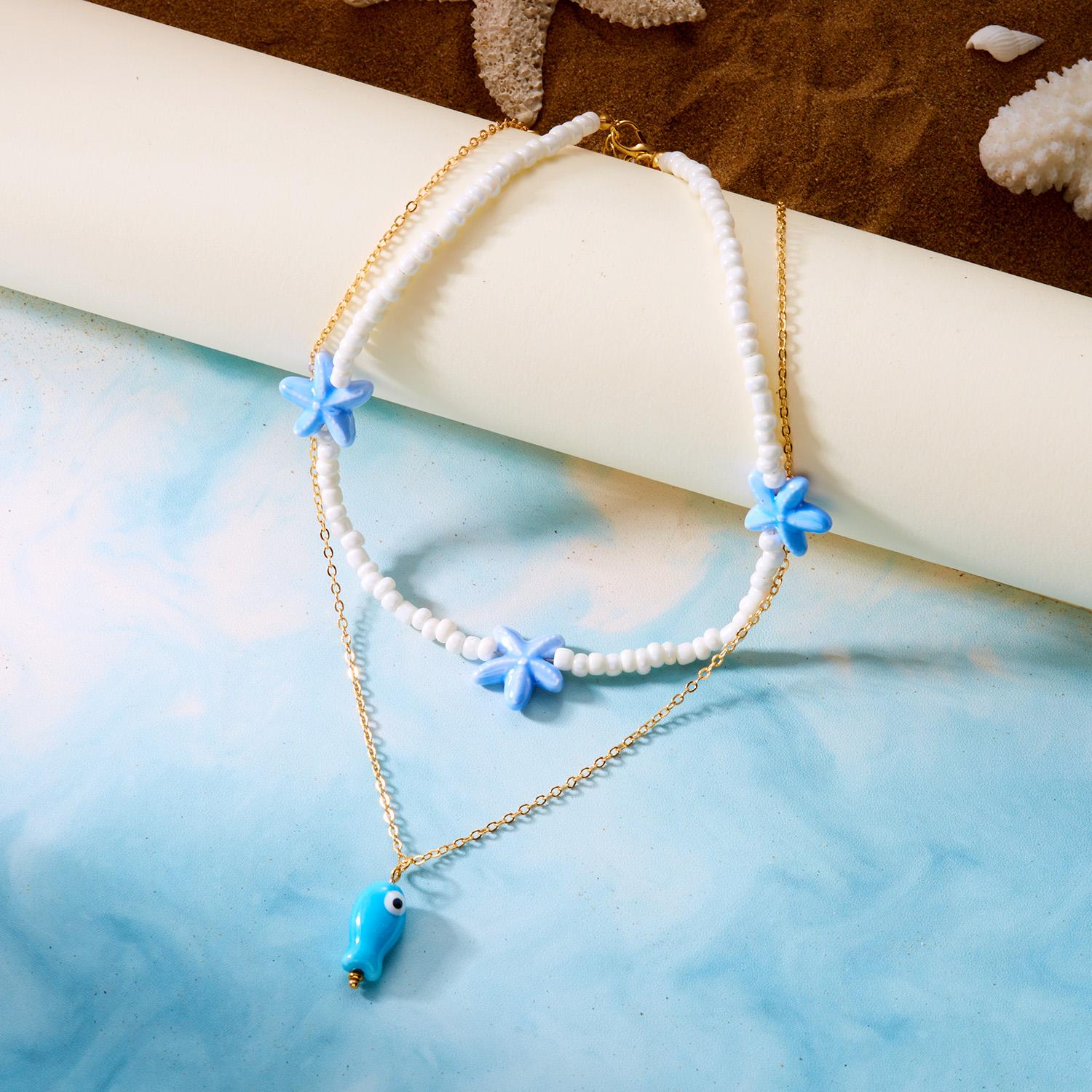 

Boho Ceramic Small Fish Starfish Pendant Necklace for Women Vintage Double Layer Rice Beads Beaded Metal Chain Choker Zircon
