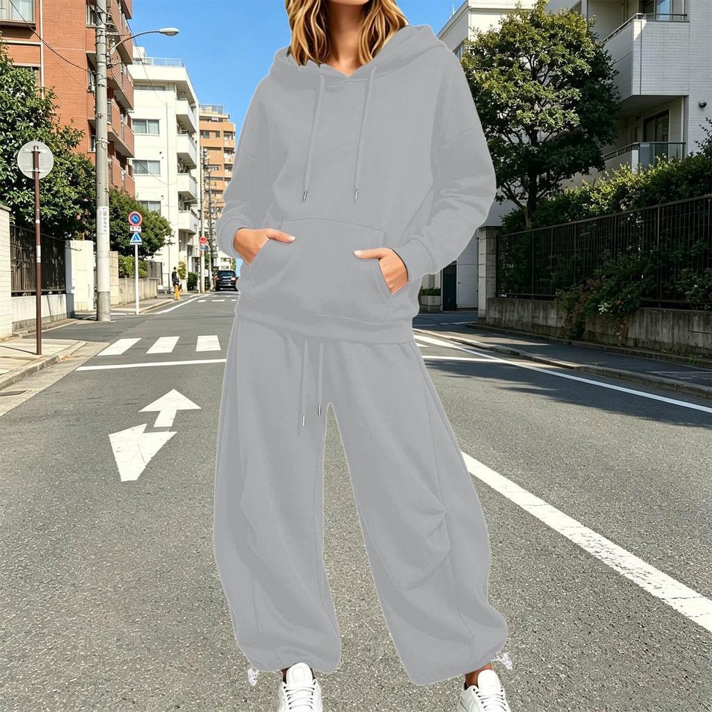 Women Casual Two Piece Set Hoodie Sweatshirt and Wide Leg Pants Drawstring Waist Relaxed Fit Lounge Outfit for Everyday Wear