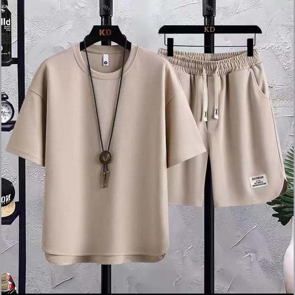 2025 Summer Japanese Trend Men's Solid Color Matching T-shirt & Long Pants Set