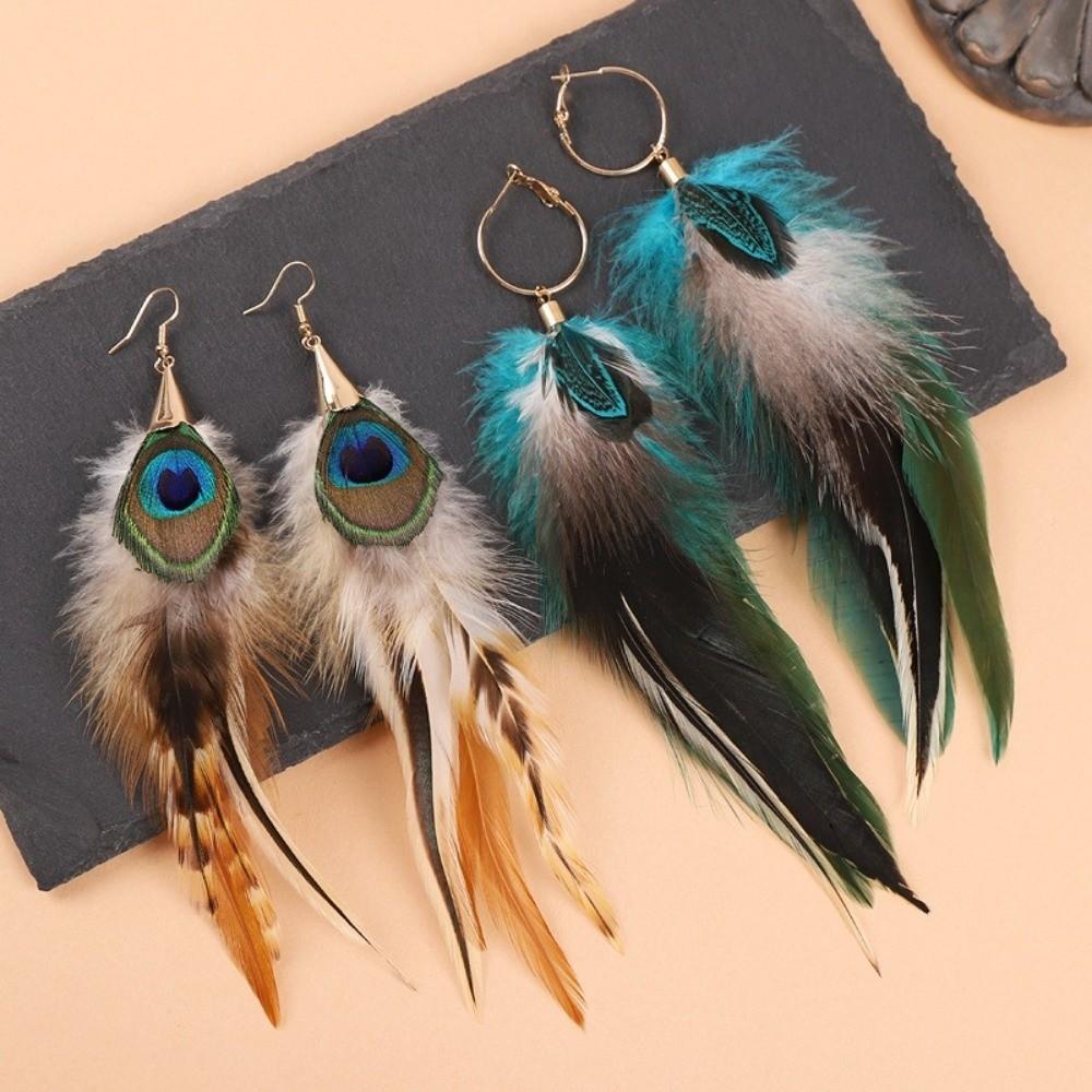Orecchini Pendenti Lunghi con Piume Boho Orecchini a Nappa Etnici con Pavone Vacanza al Mare