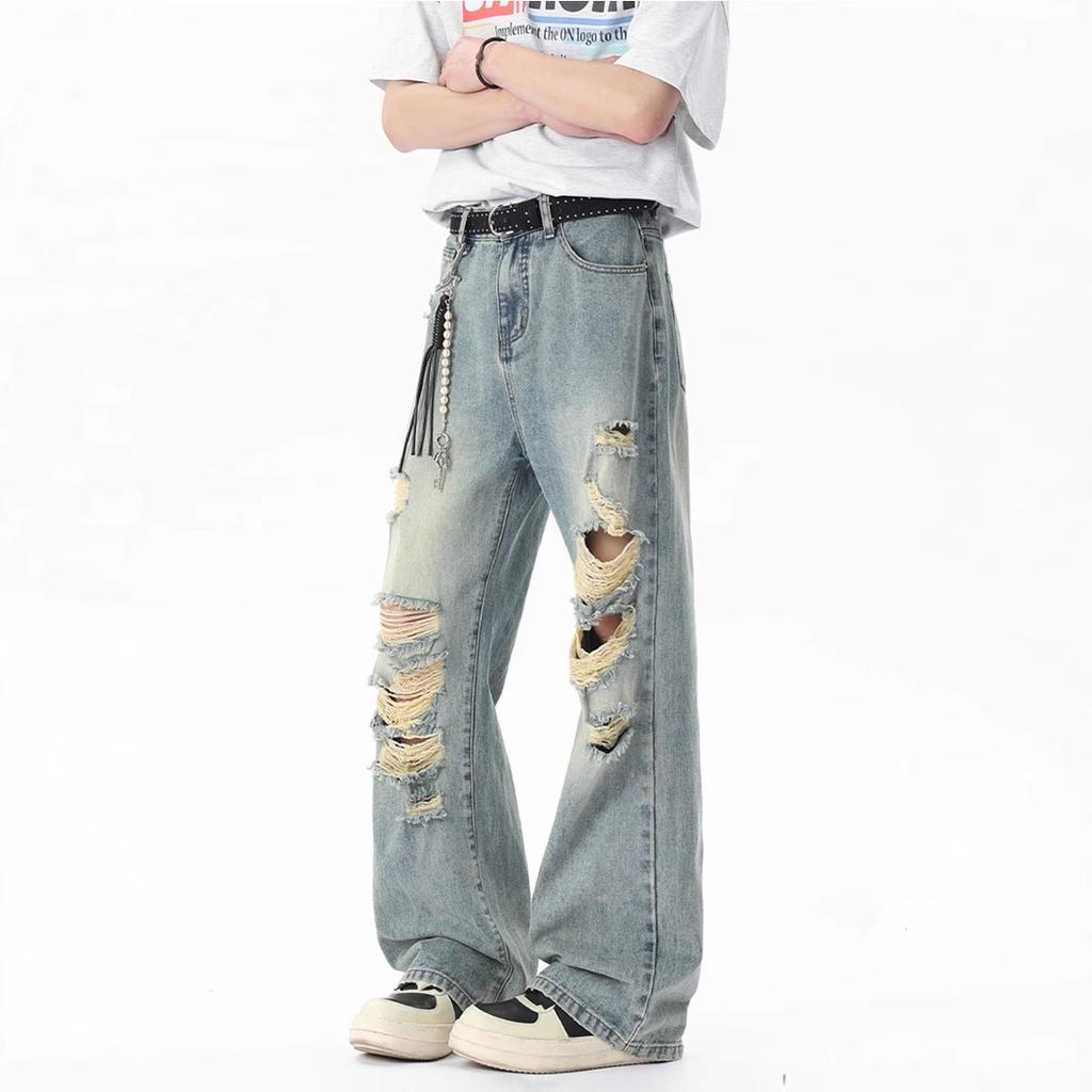American ripped jeans men's new summer trend wear thin high street ruffian handsome loose wide-leg pants